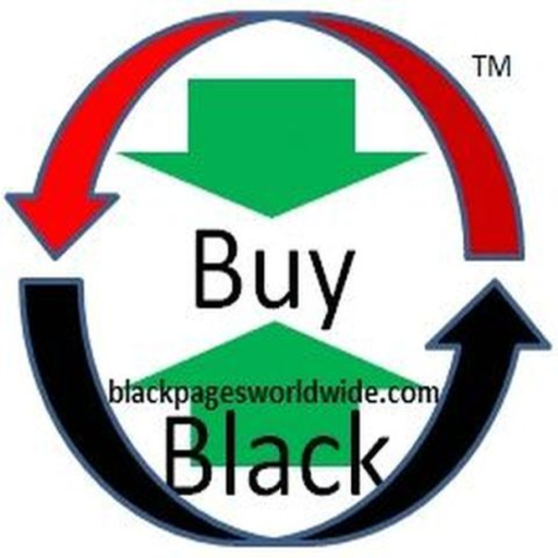 Circular Buy Black logo with red and black arrows and green directional signs, promoting Black-owned businesses associated with Black Pages Worldwide.